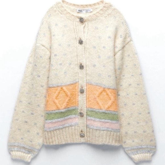 Zara Sweaters - Zara Jewel Cream Pastel Button Jacket Cardigan Knit Oversized Medium